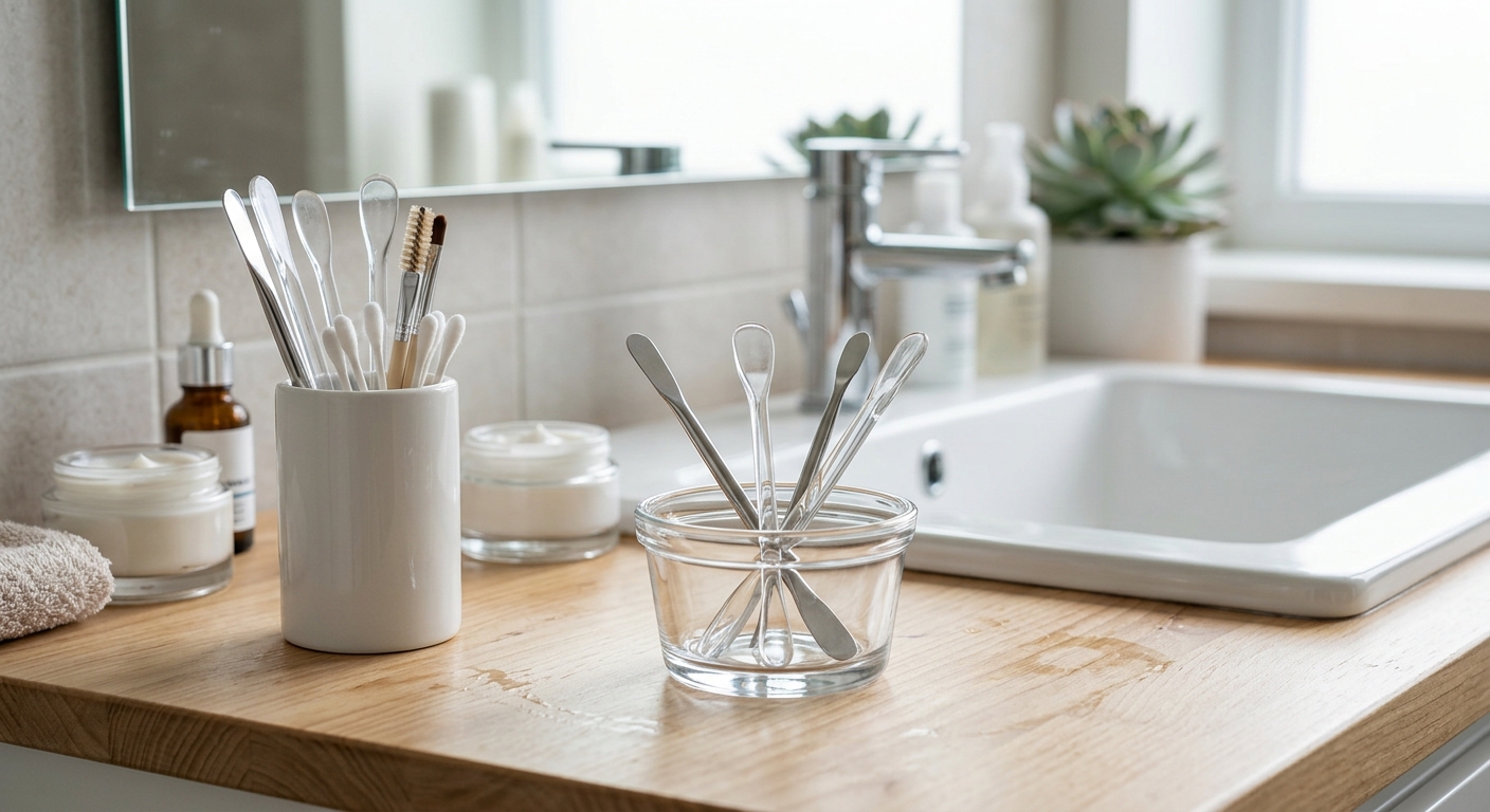 작은 유리 종지 위에 가지런히 놓인 화장품 스파츌라와 스킨케어 제품들