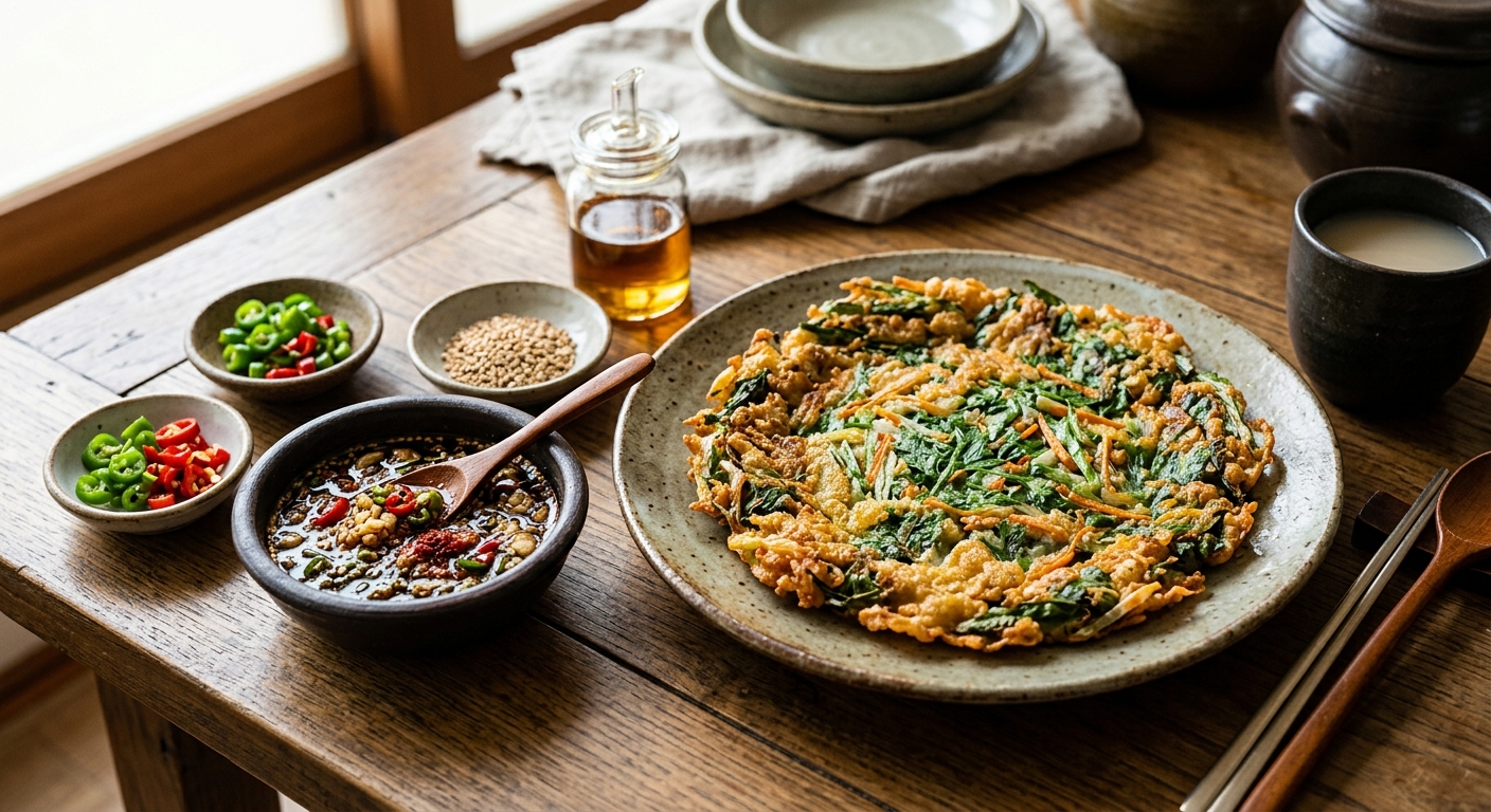 노릇한 쑥전 옆에 간장 식초 양념장과 얇게 썬 채소가 놓인 상차림