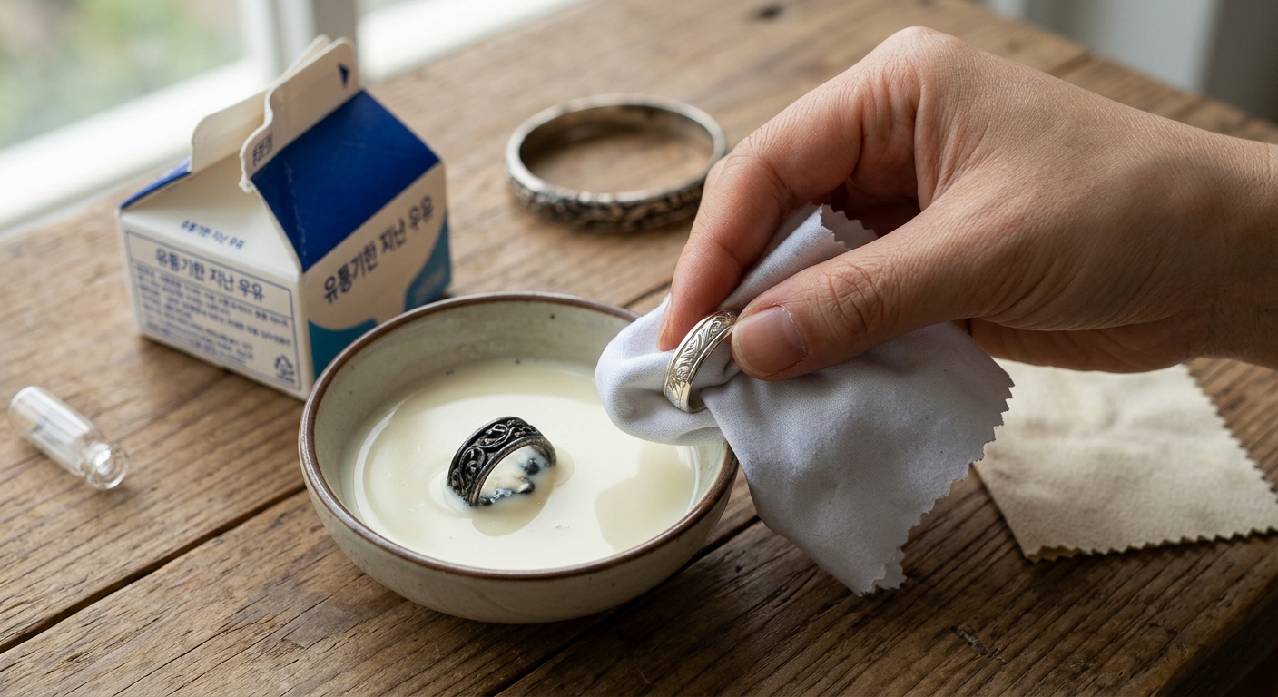 우유에 담근 은반지와 액세서리를 관리하는 장면
