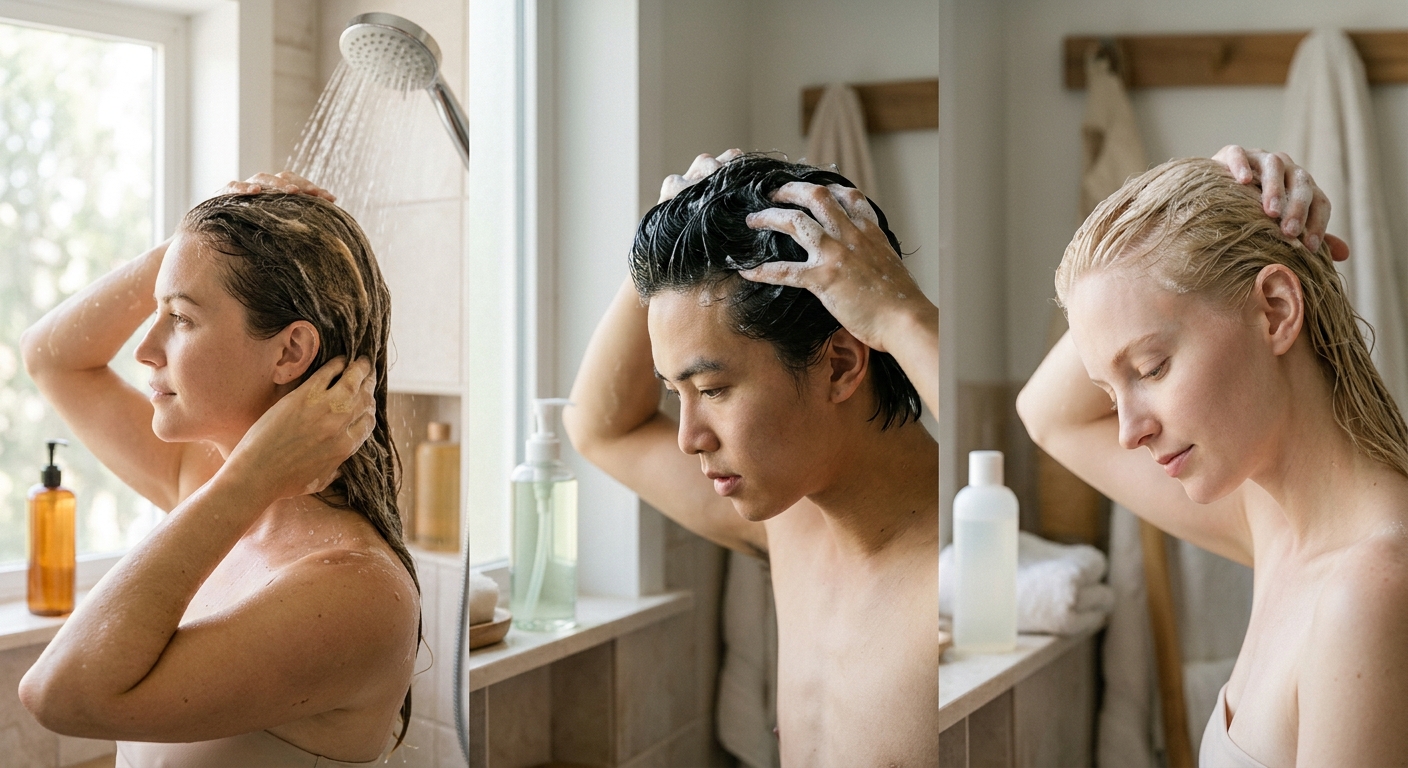 여러 종류의 샴푸 제품과 두피 타입별 관리 아이콘이 함께 있는 이미지