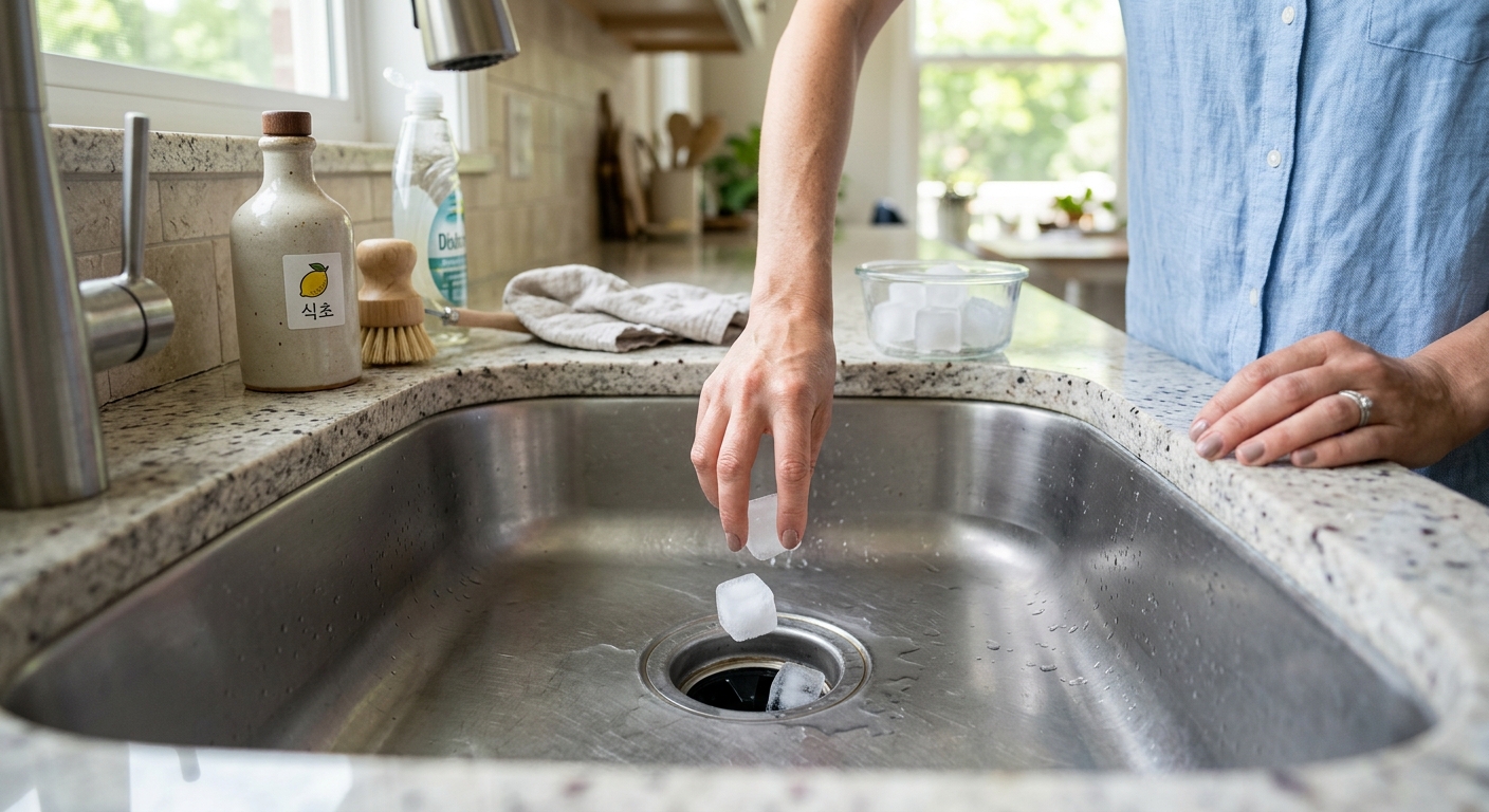 주방 청소 루틴 도구와 함께 준비된 식초 얼음 보관 용기