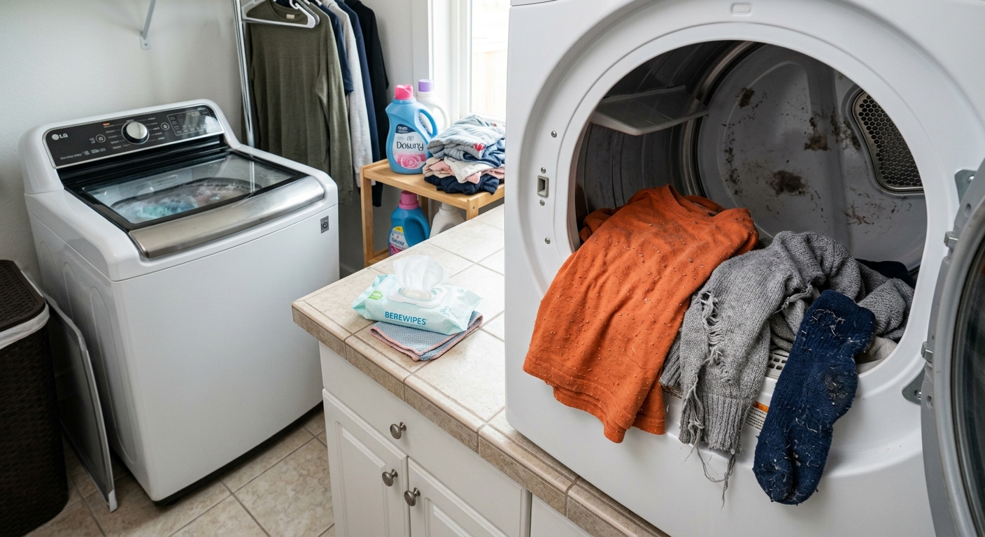 세탁기 고온 코스와 건조기 사용 시 물티슈 활용이 부적절함을 설명하는 이미지