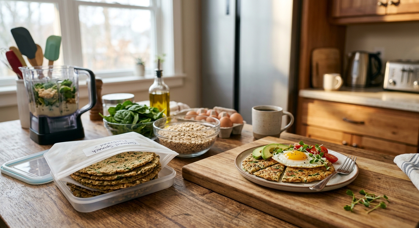 시금치 오트밀 플랫브래드를 종이호일 사이에 넣어 냉동 보관하는 모습