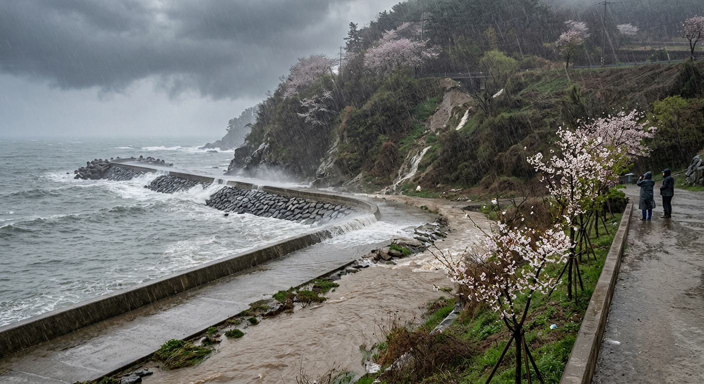 거센 바람과 높은 물결로 위험해진 해안과 방파제 풍경