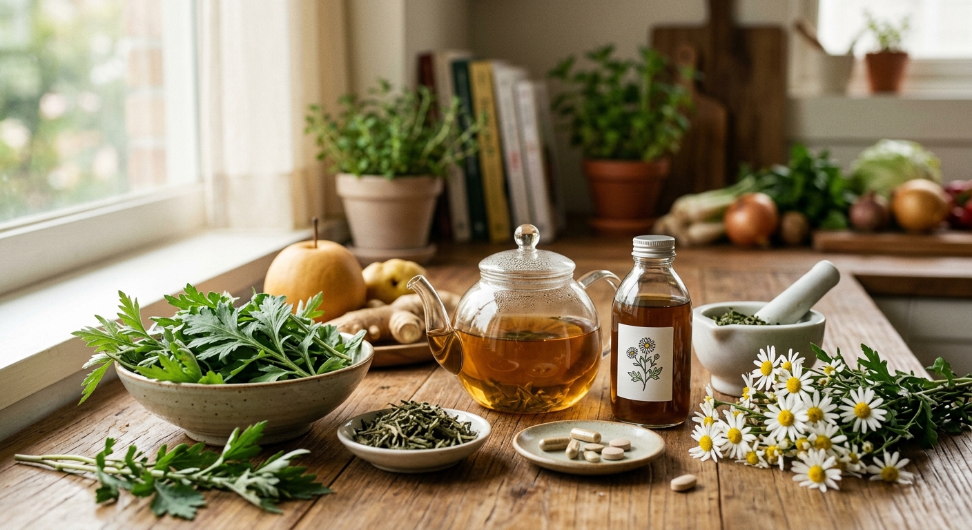 쑥부쟁이 잎과 분말 형태의 기능성 원료를 함께 표현한 이미지