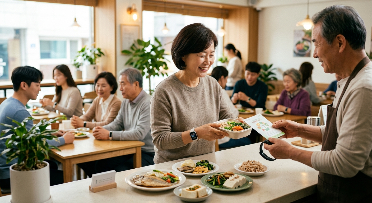 건강한 식당 선택과 모바일 건강관리 참여를 함께 보여주는 시민 일상 장면