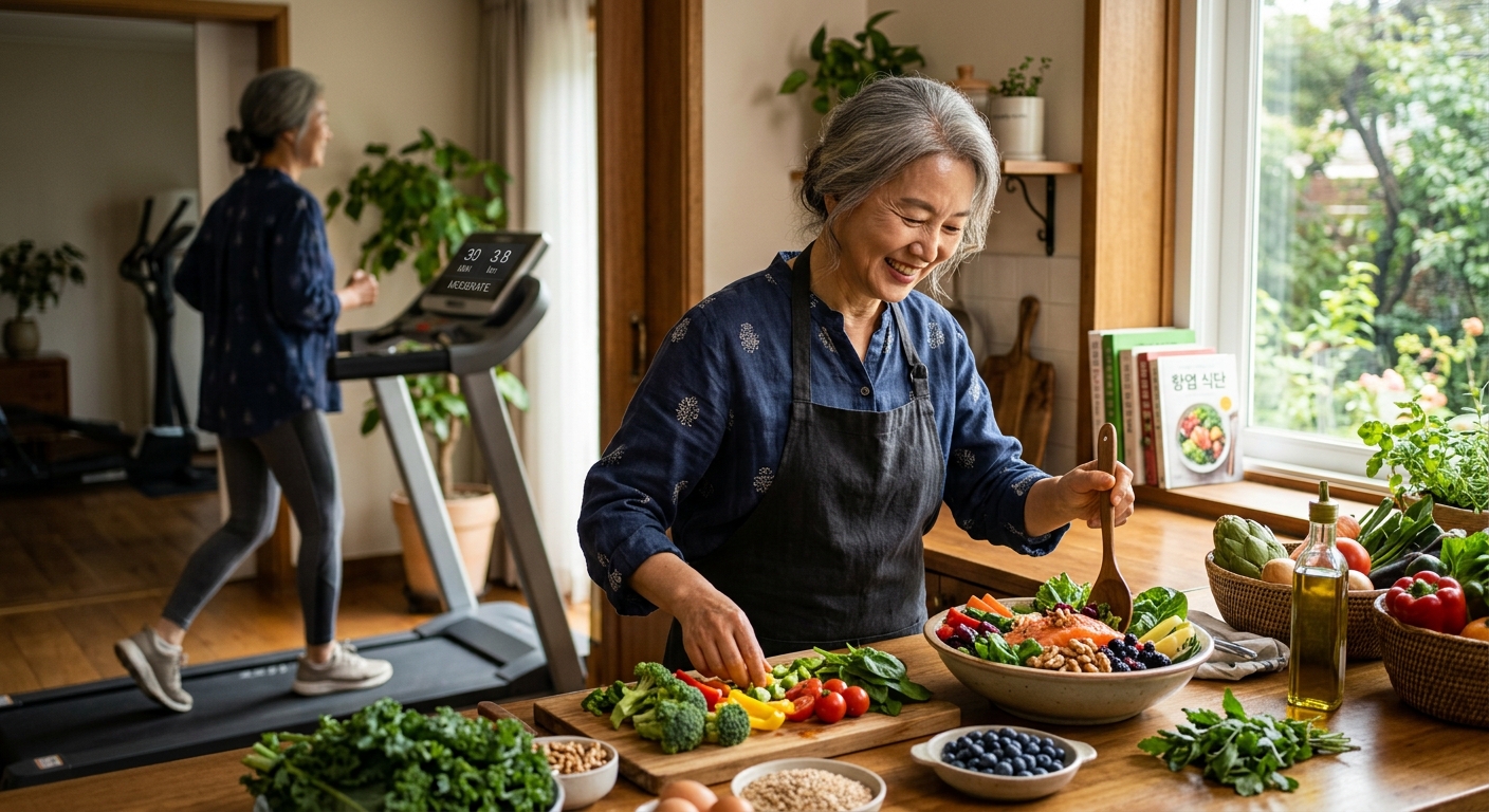 채소와 생선이 담긴 식사와 가벼운 운동을 준비하는 노년층