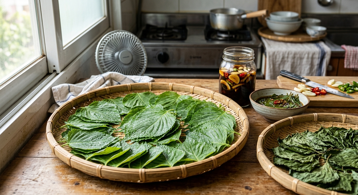 물기를 제거한 깻잎과 한쪽에서 식고 있는 깻잎지 양념장