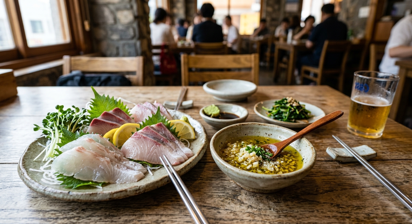 신선한 레몬과 마늘, 고급 올리브유를 준비한 회 소스 재료 사진