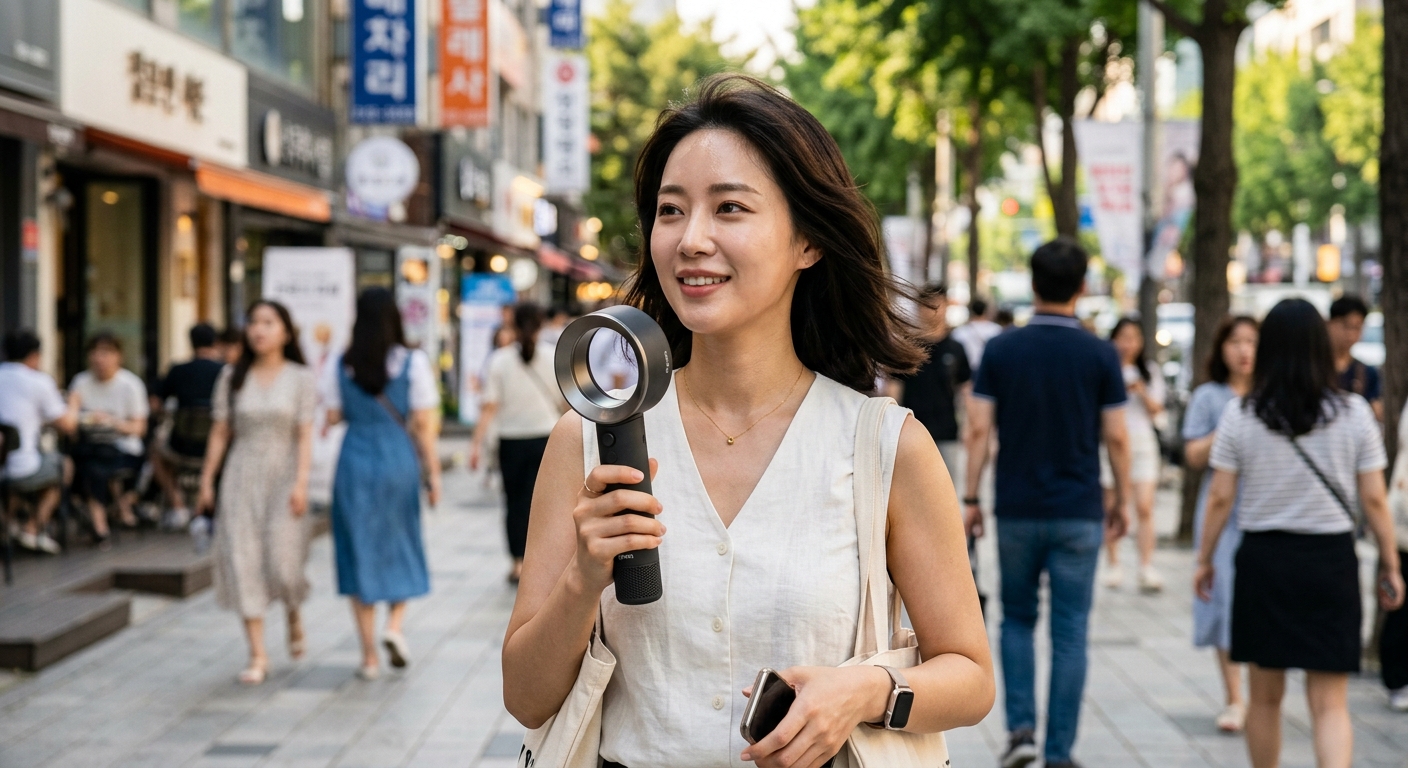 여름 도심에서 가방에 부착한 손선풍기를 사용하는 사람들의 모습