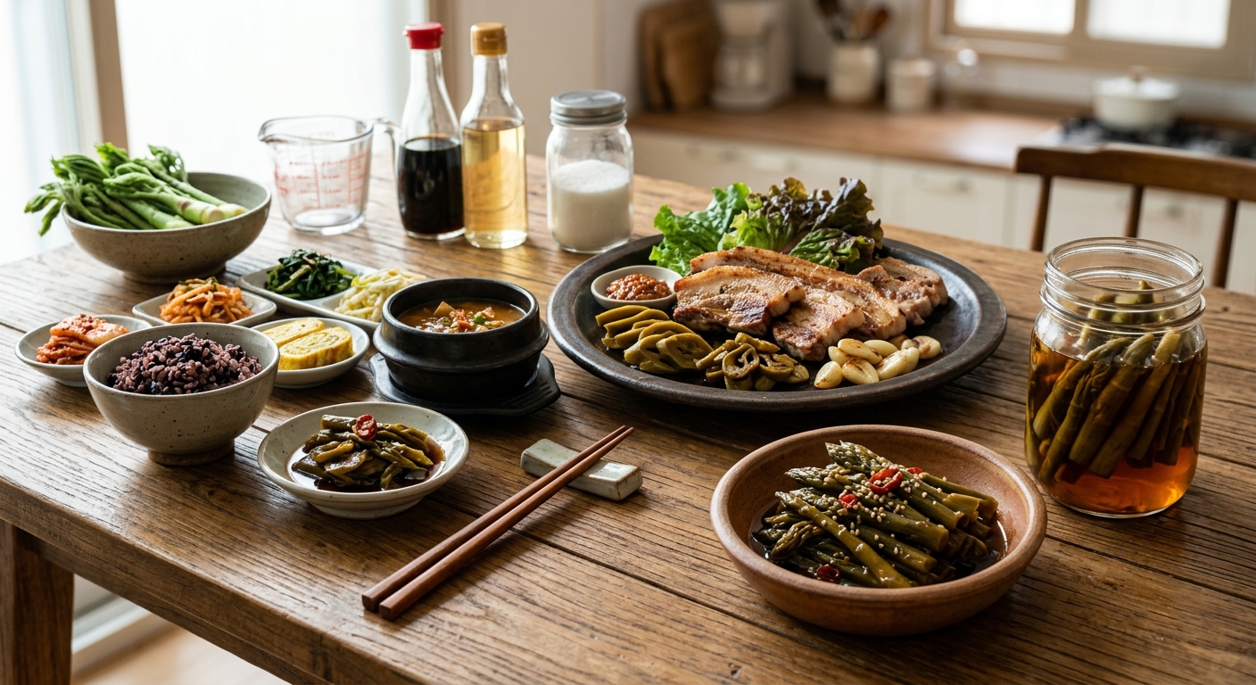 삼겹살과 밥상 옆에 곁들여진 두릅장아찌 반찬