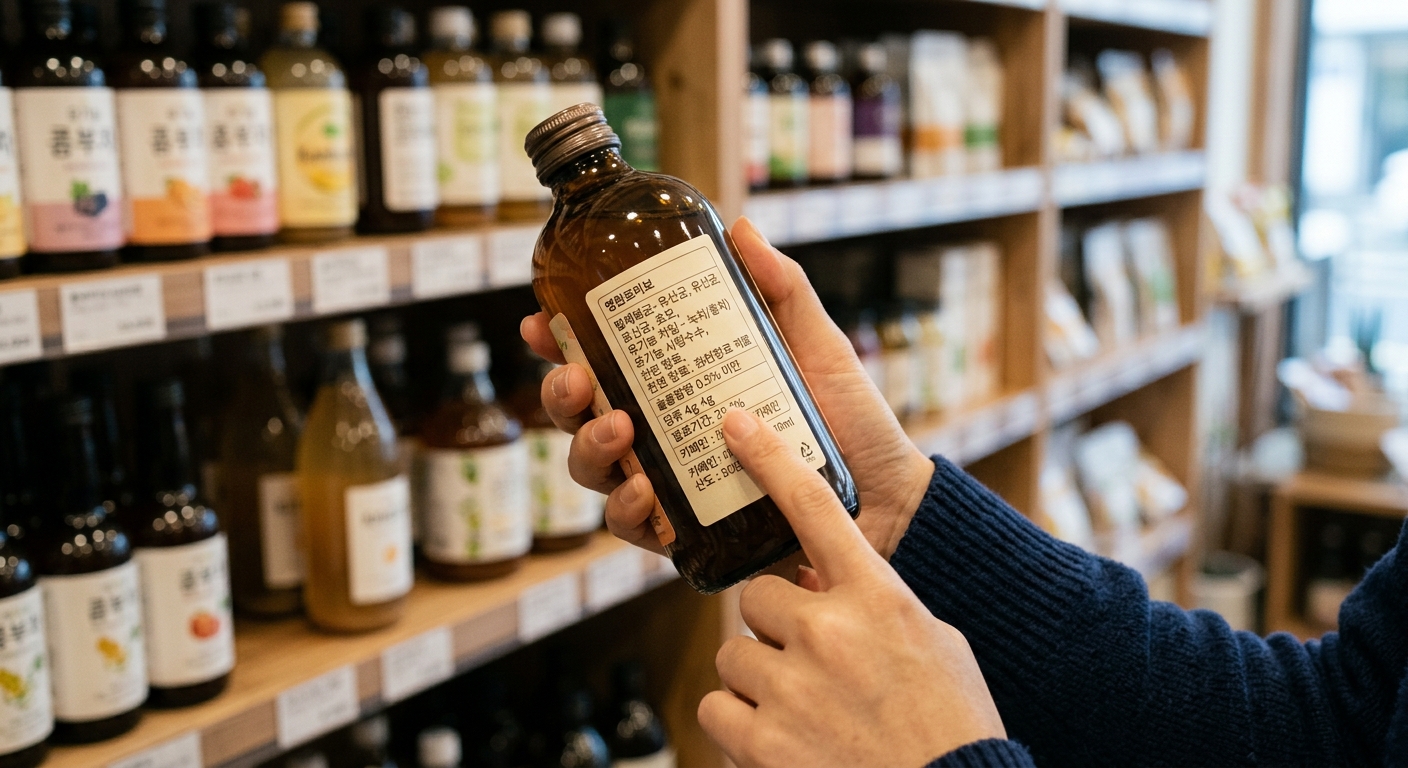 콤부차 병 라벨의 성분표를 확인하는 손과 제품 비교 장면
