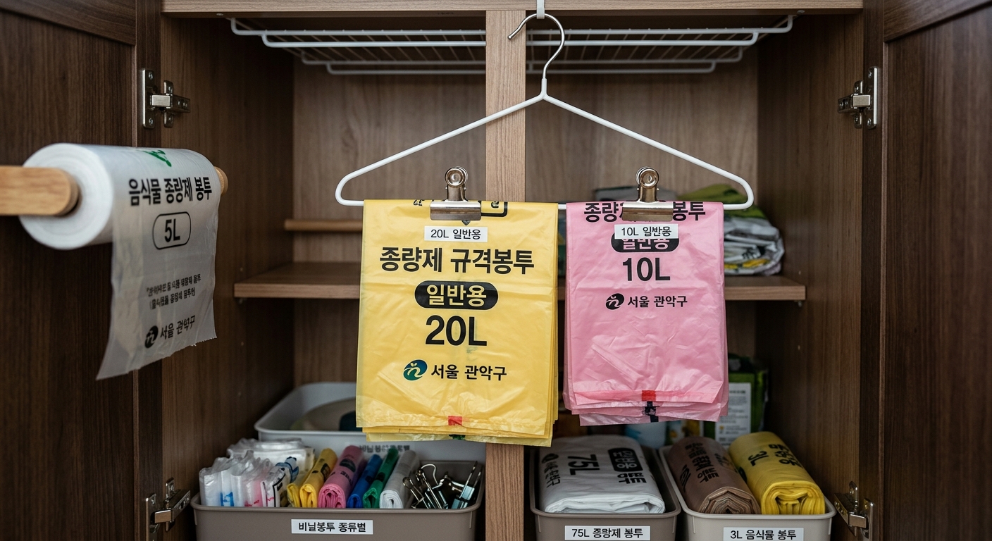 주방 수납장 문 안쪽에 크기별 종량제 봉투가 구분되어 걸려 있는 정리 모습