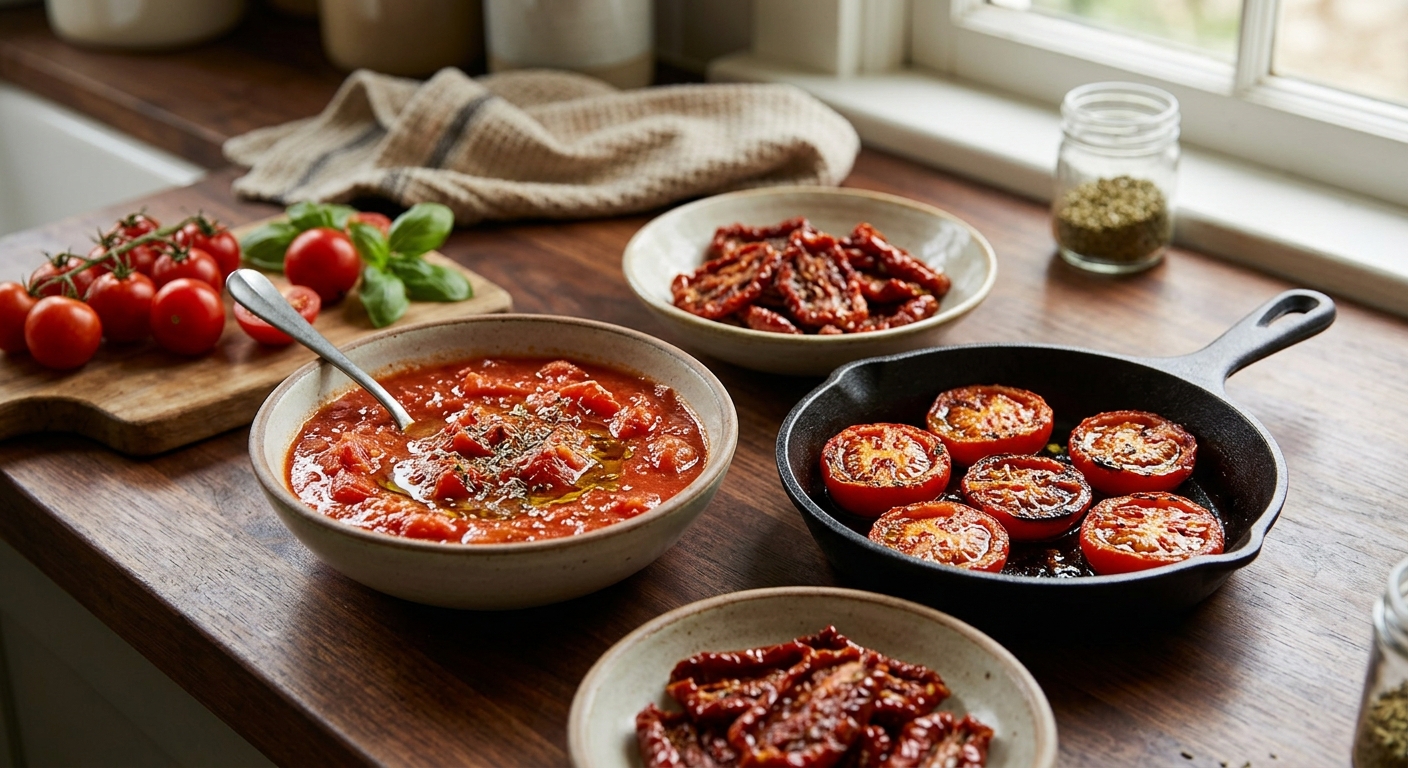 올리브오일에 조리된 따뜻한 토마토 요리 이미지