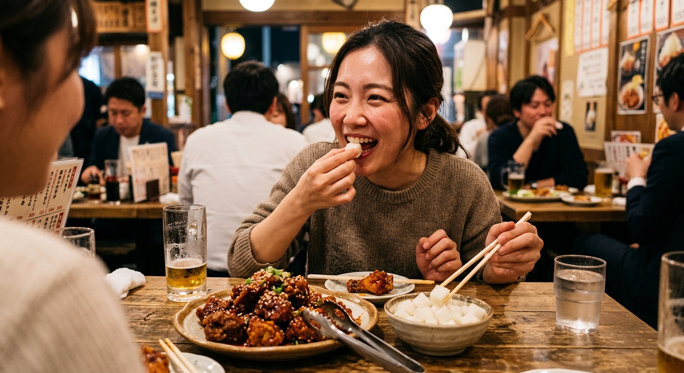 매운 양념치킨과 함께 곁들여진 차가운 치킨무 접시