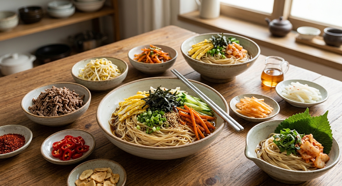 오이채와 달걀 고명을 올린 간장국수 응용 레시피