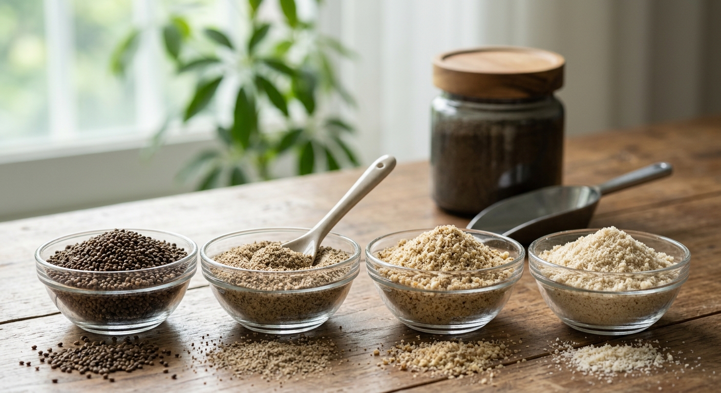 통들깨와 들깨가루를 나란히 놓고 비교한 사진