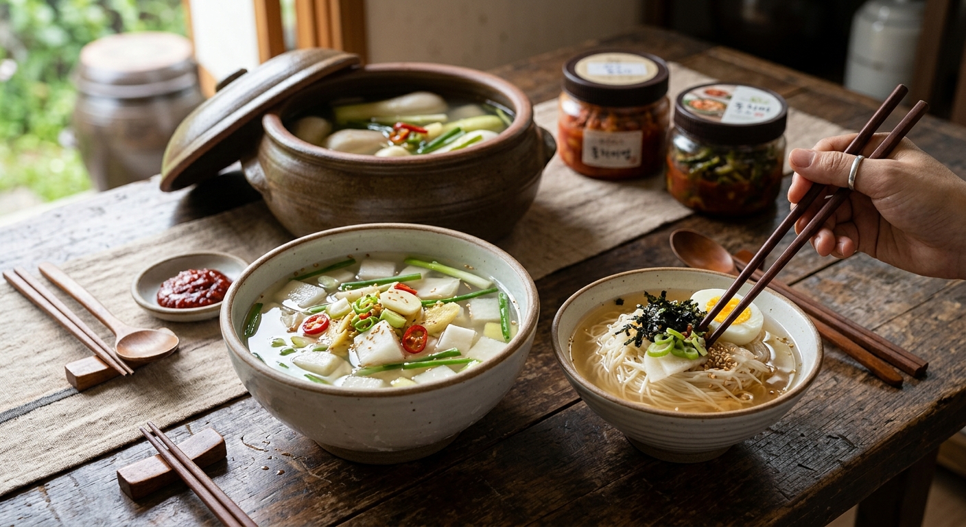 냉장 보관한 동치미와 소면을 곁들인 한 상