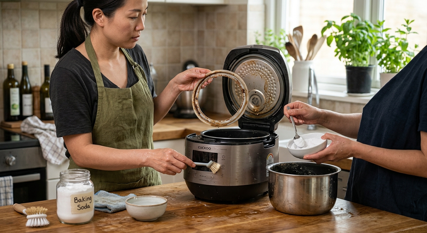 오래 보온된 밥과 긁힘이 생긴 내솥을 보여주는 비교 장면