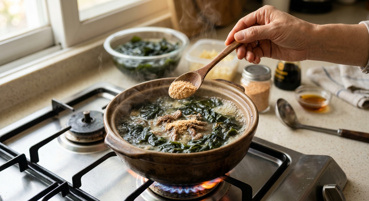 미역국에 넣을 건새우가루 양을 조절하는 계량 장면