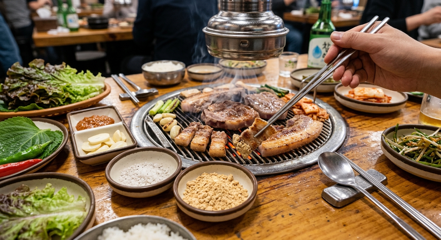 삼겹살과 신선한 채소, 콩가루가 함께 놓인 균형 잡힌 식사 구성