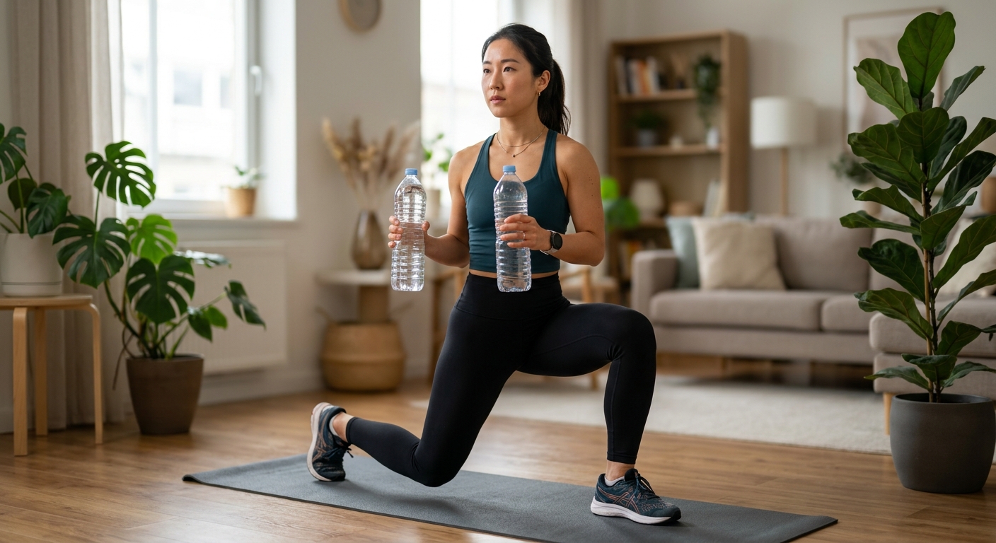 생수병을 들고 런지 자세에서 상체를 숙이며 균형을 잡는 홈트 운동 모습