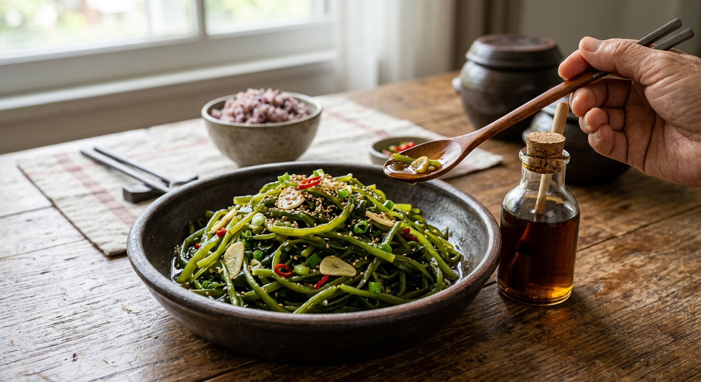 들기름에 볶아 윤기가 도는 미역줄기와 양파, 마늘이 담긴 접시