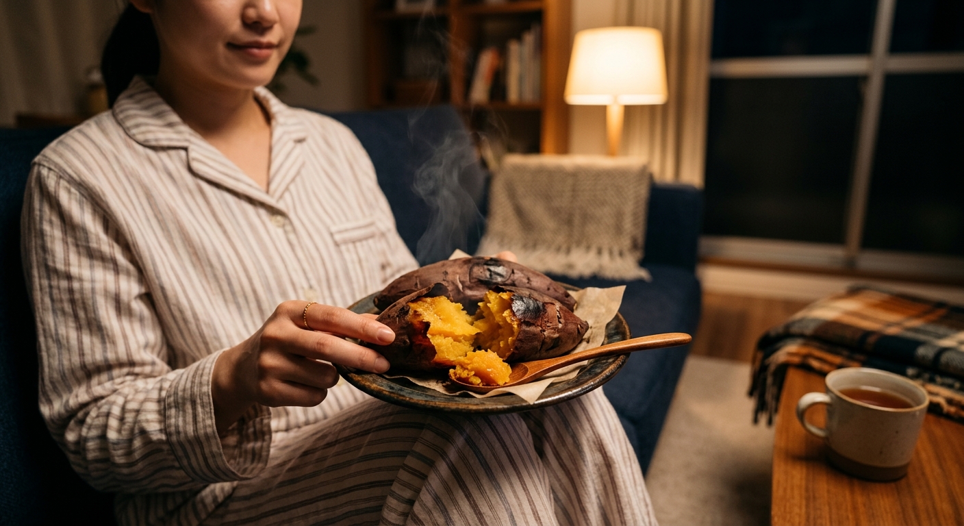 작은 고구마와 따뜻한 차가 함께 놓인 편안한 야식 구성