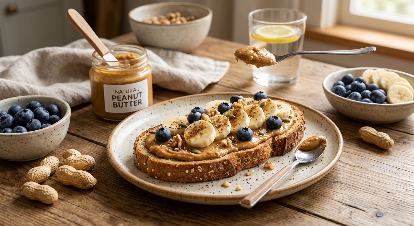 통밀빵과 사과에 소량의 땅콩버터를 곁들인 건강 간식