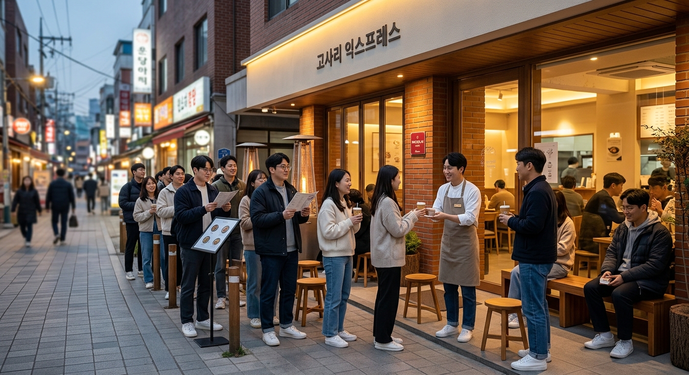 식당 앞 웨이팅 공간에서 과일과 모바일 화면을 보며 기다리는 손님들