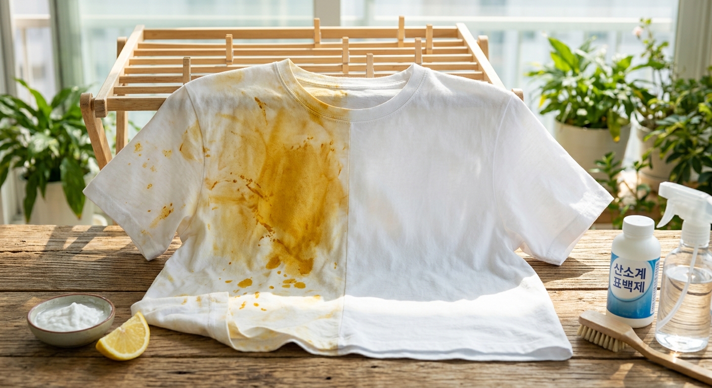 주방 세제와 키친타월, 햇빛에 말리는 용기가 함께 보이는 주방 장면