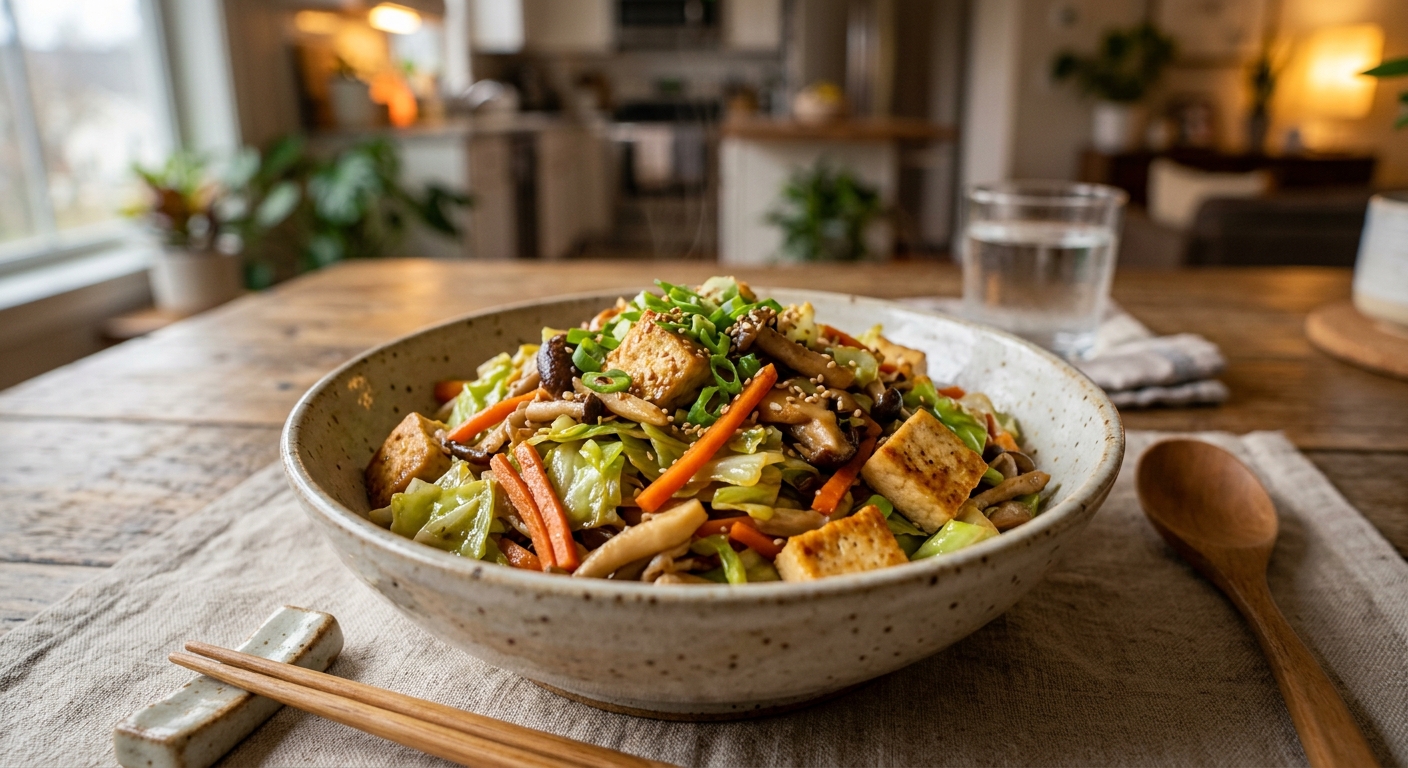 양배추 당근 볶음에 두부와 버섯이 추가된 한 접시