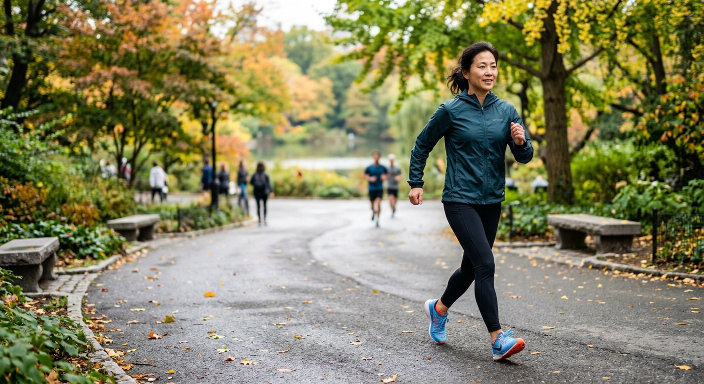 바른 자세로 빠르게 걷는 여성의 전신 모습