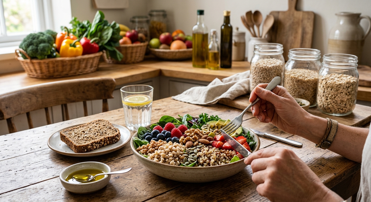 현미밥과 채소, 생선, 견과류가 균형 있게 담긴 한 끼 식단 이미지