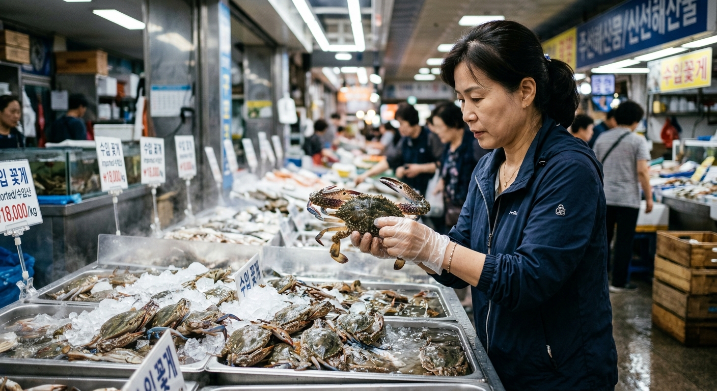 포장 라벨이 붙은 냉동 수입 꽃게를 살펴보는 장면
