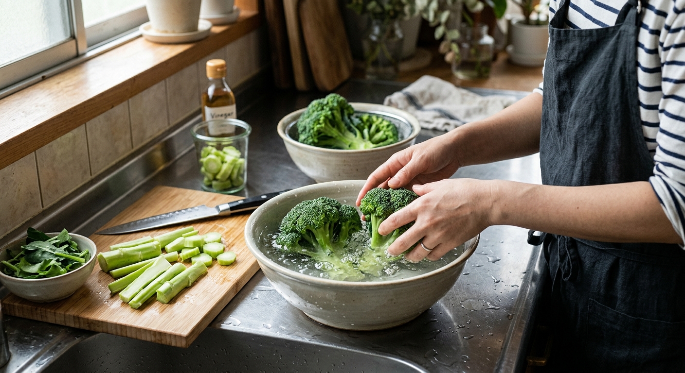 겉껍질을 제거하고 얇게 썬 브로콜리 줄기와 손질 도구