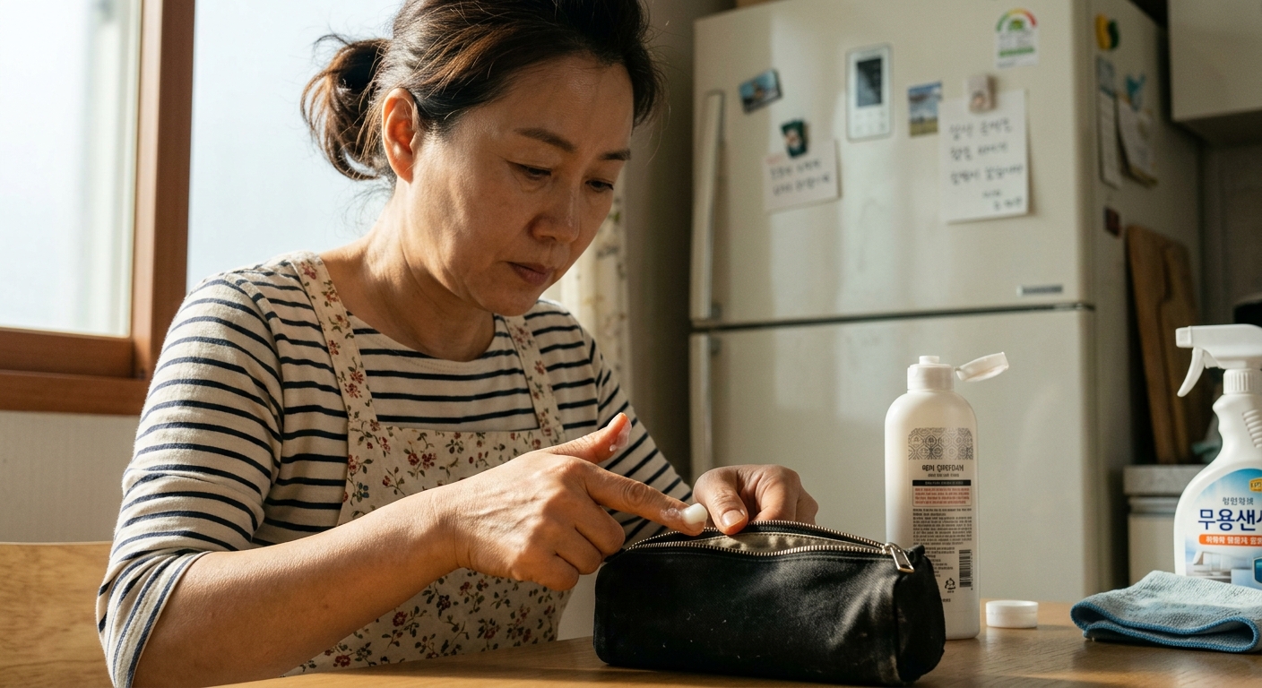 면봉에 묻힌 소량의 린스를 지퍼 부분에 바르는 클로즈업 장면