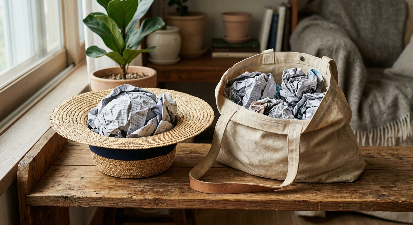 모자와 천가방 내부에 신문지를 채워 넣어 보관한 모습