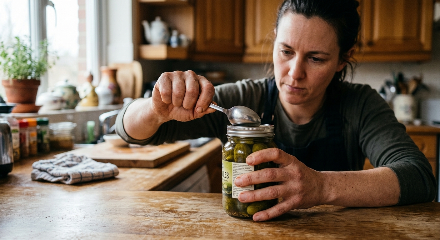 주방 조리대 위에서 안전하게 유리병을 잡고 있는 손의 모습