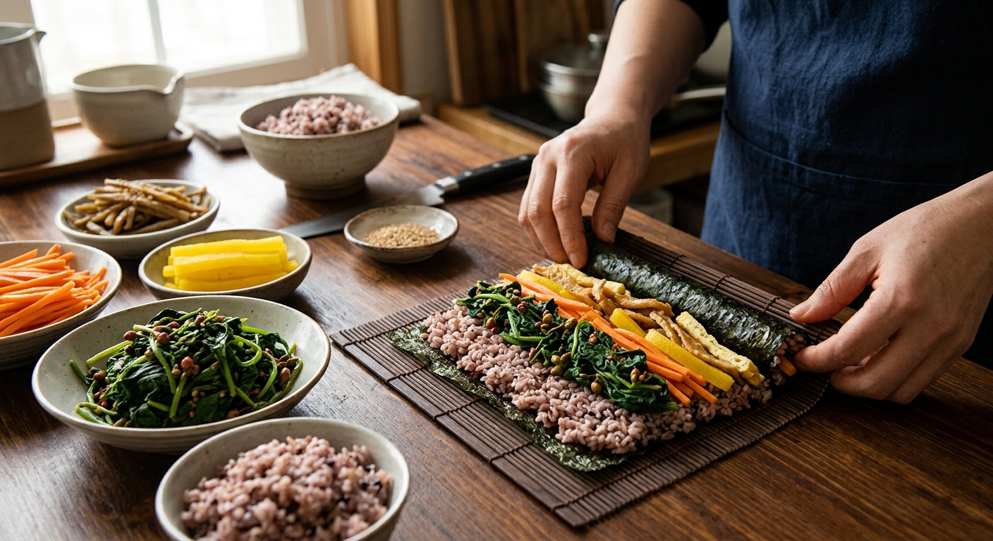 김 위에 밥과 엄나무순 등 재료를 올려 김밥을 마는 모습