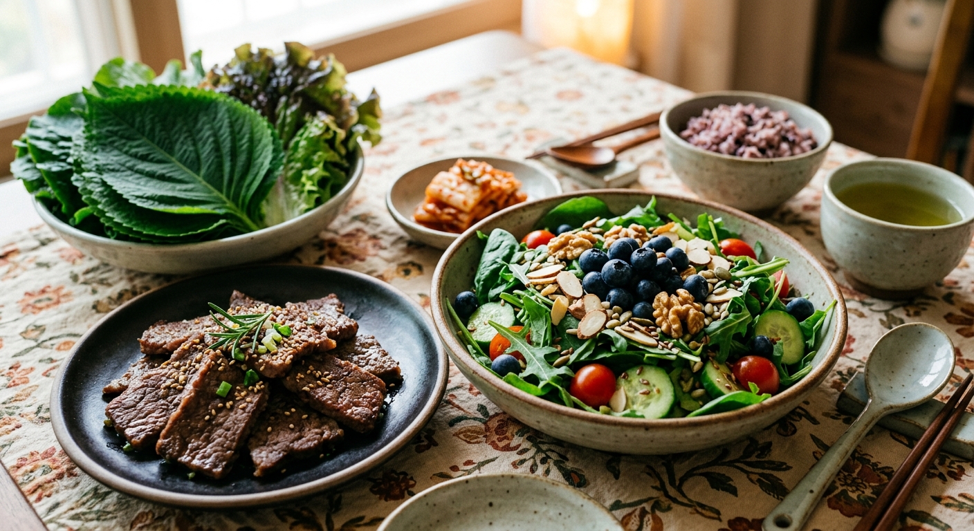 생선, 채소, 견과류, 달걀 등 다양한 뇌 건강 식품이 놓인 식탁