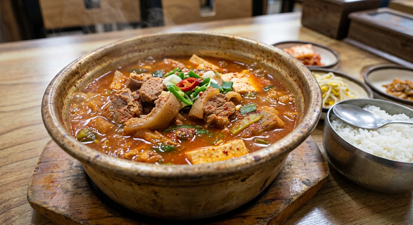 국물과 함께 쫄깃한 울대 건더기가 보이는 찌개 클로즈업