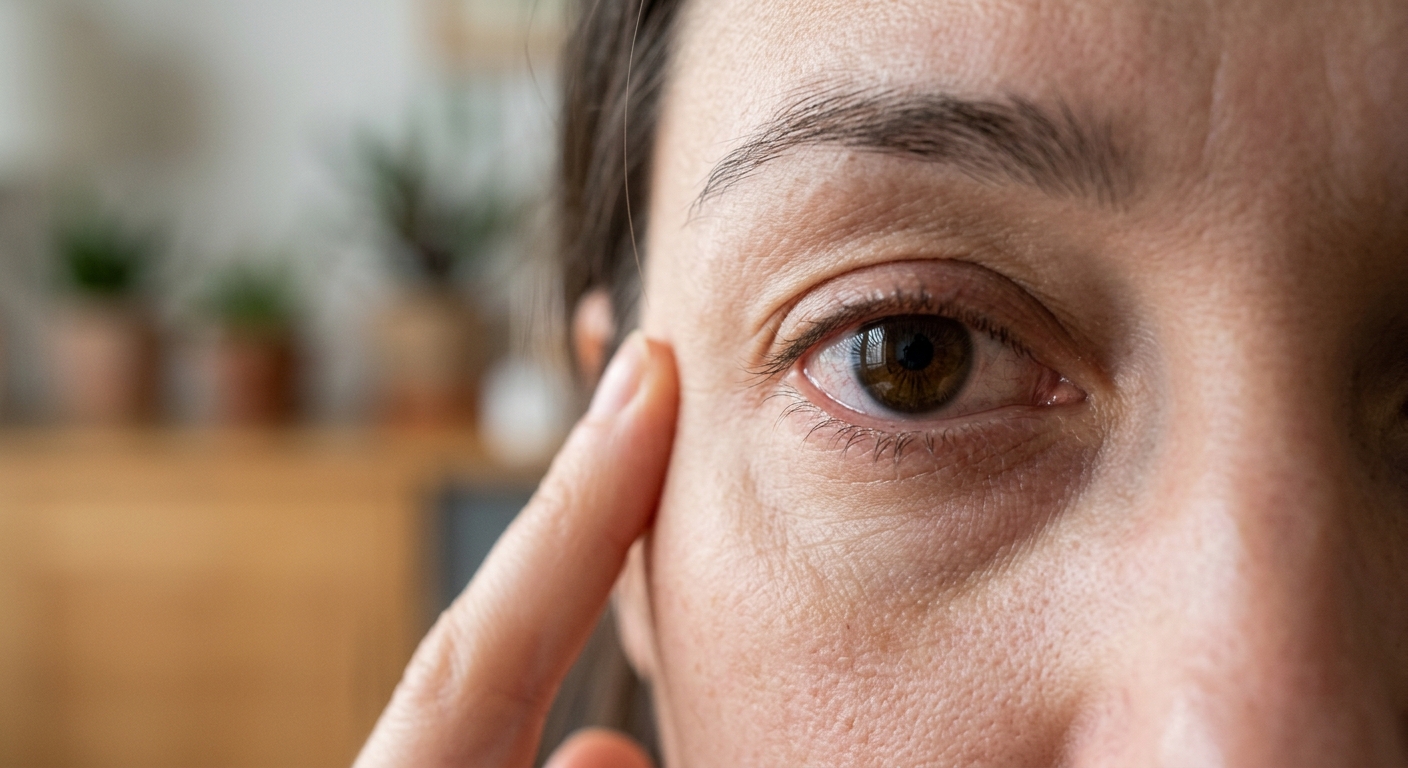 눈의 불편함을 느끼며 거울을 보는 사람의 얼굴 클로즈업