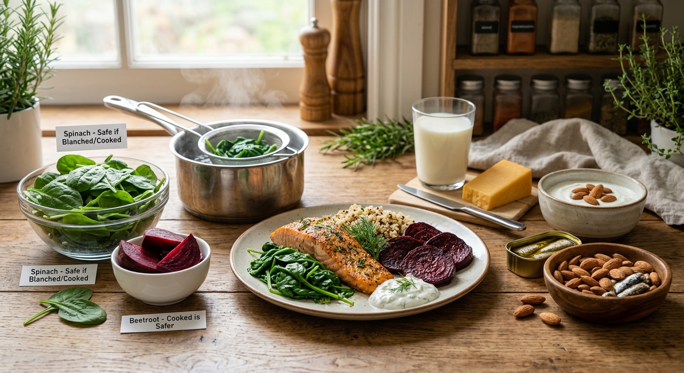 시금치 요리와 두부, 요거트가 함께 차려진 균형 식단 사진