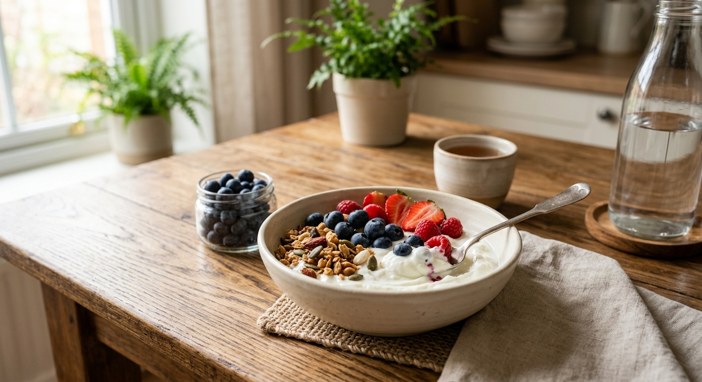 과일과 견과류를 곁들인 요거트를 아침 식사로 준비한 깔끔한 식탁 이미지
