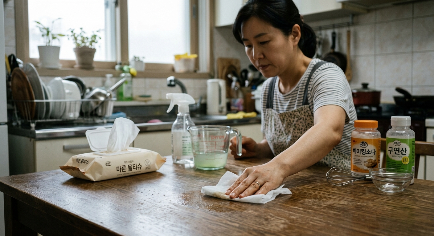 원목과 전자기기 등 민감한 표면에 사용 전 테스트를 권장하는 장면