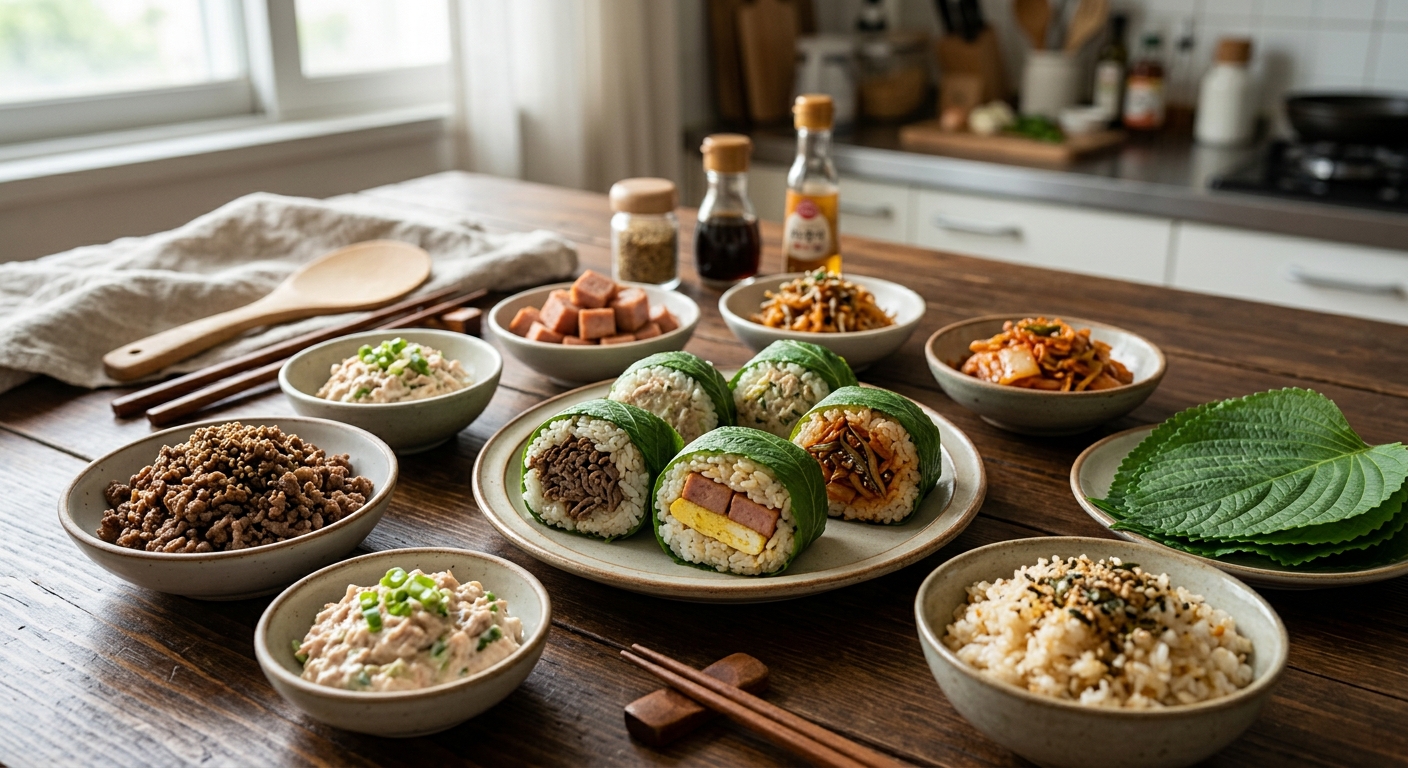 여러 가지 속재료로 응용한 깻잎 주먹밥이 한 접시에 다양하게 담긴 모습