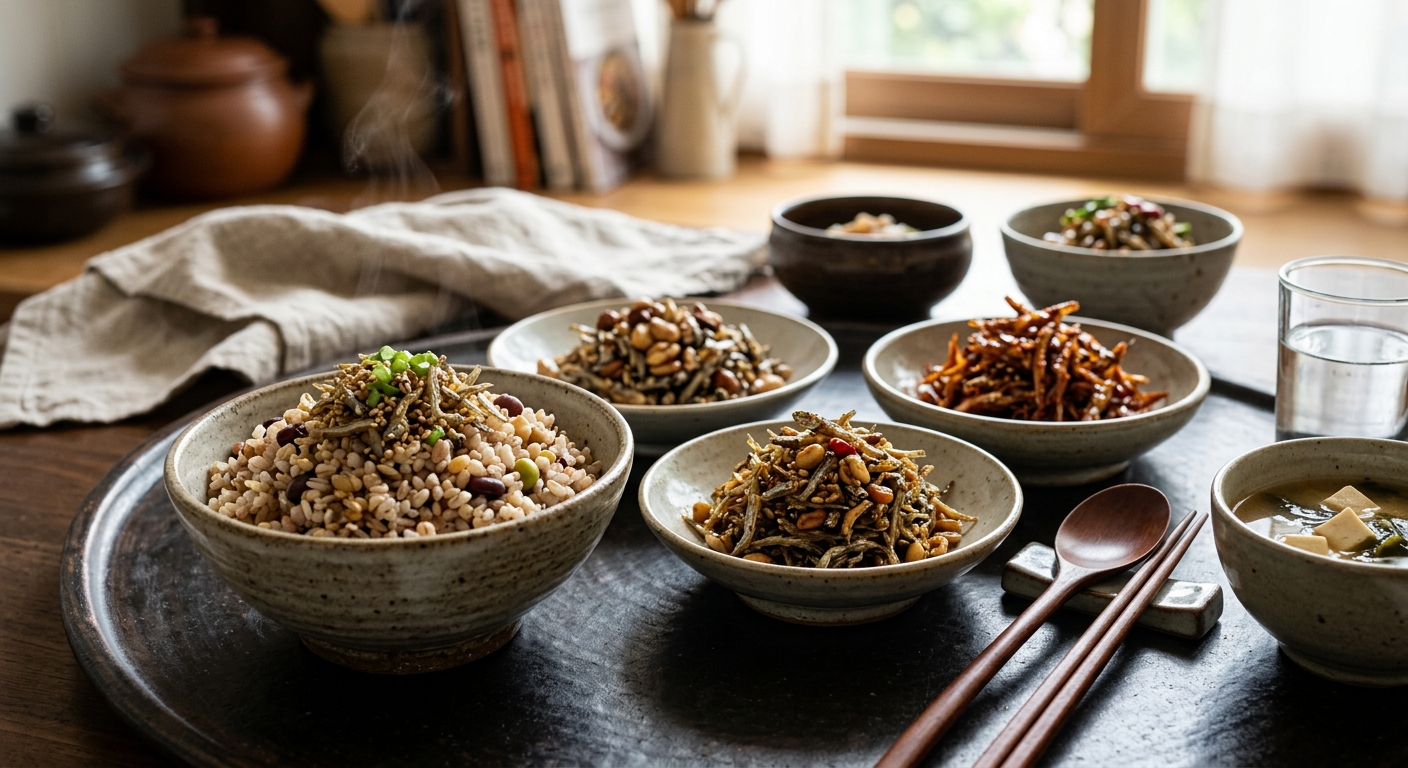 마늘과 고추를 넣어 볶은 멸치볶음 반찬 접시