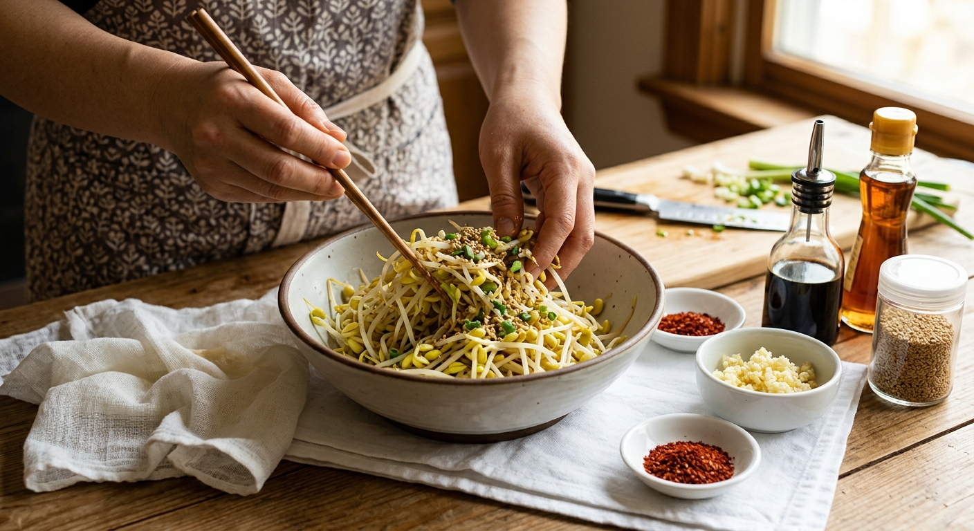 양념을 최소화해 물이 생기지 않게 완성한 숙주무침 한 접시