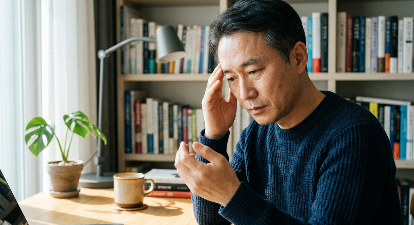 의자에서 일어나는 동작을 연습하며 하체 근력을 확인하는 중년 남성